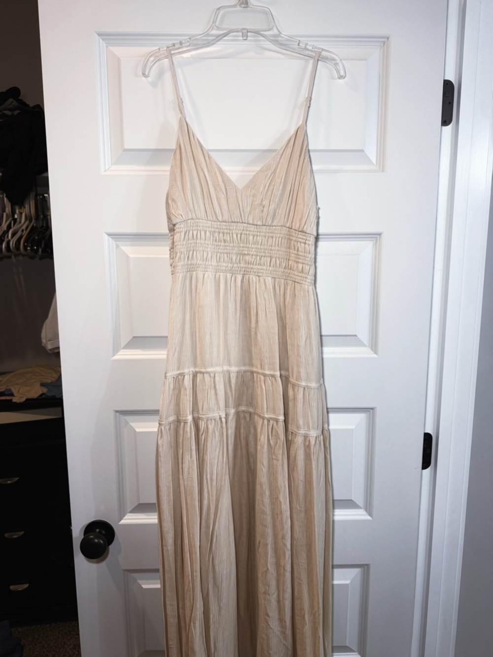 Blu Pepper Cream Smocked-Waist Tiered Maxi Dress